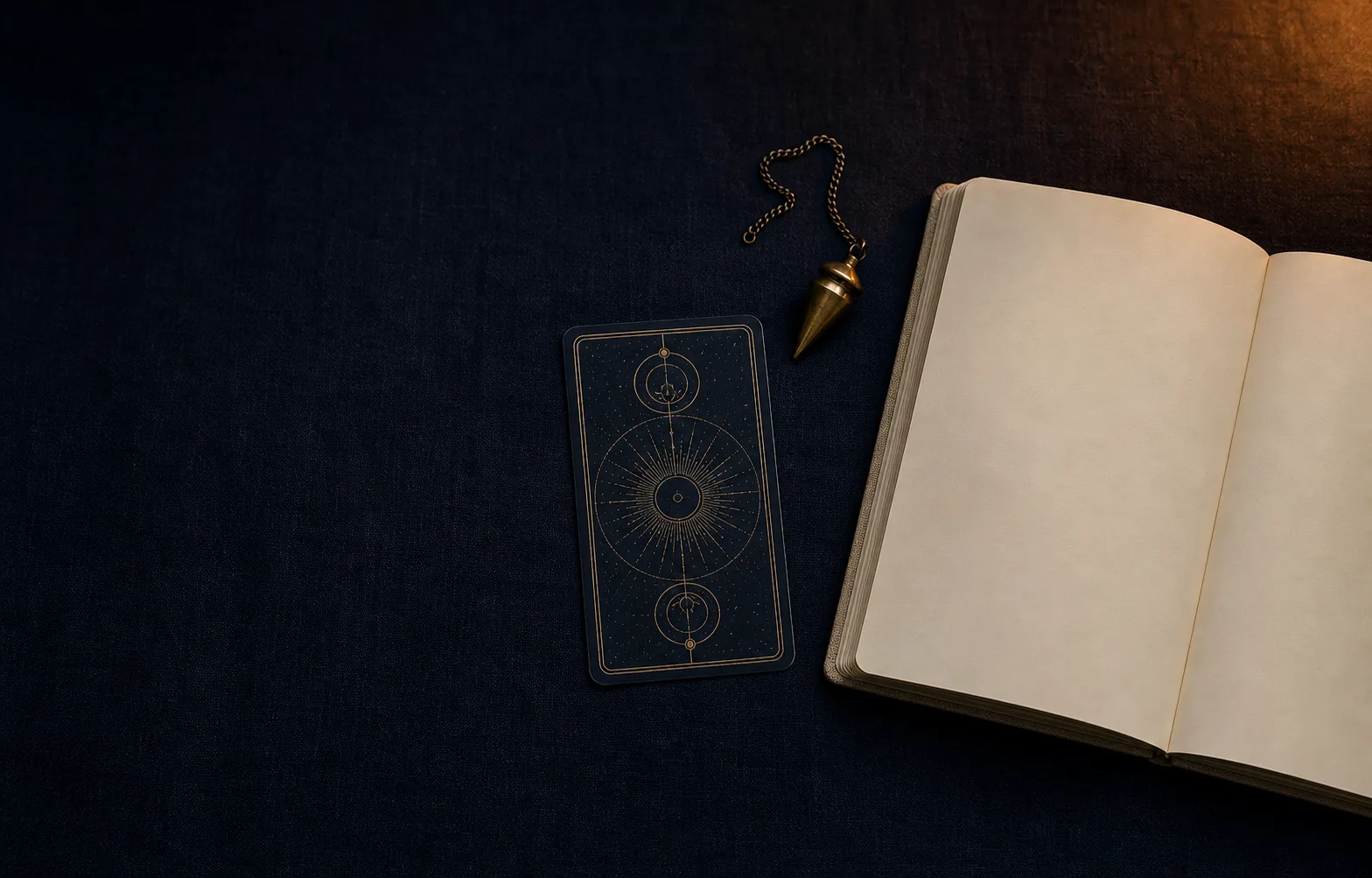 Carte symbolique, pendule et carnet vide sur une table indigo